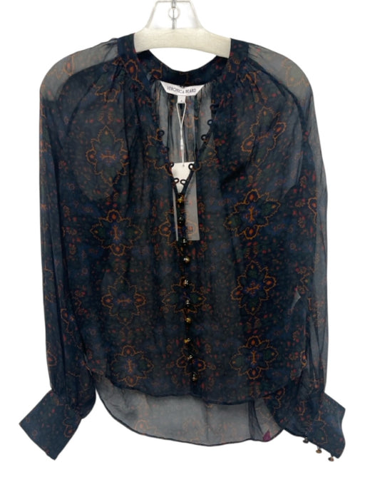 Veronica Beard Size 4 Navy Blue, Green, Multi Silk Long puff sleeve Buttons Top Navy Blue, Green, Multi / 4