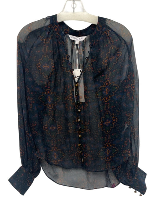Veronica Beard Size 4 Navy Blue, Green, Multi Silk Long puff sleeve Buttons Top Navy Blue, Green, Multi / 4