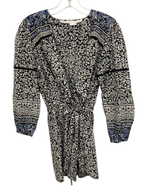 Veronica Beard Size S BLack, White, Blue Cotton Long puff sleeve Buttons Romper BLack, White, Blue / S