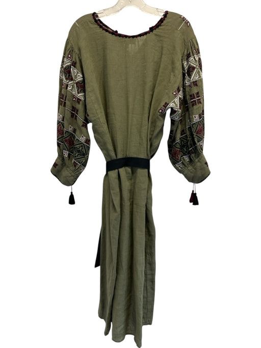Nili Lotan Size Small Green, Red, Black Linen Long Sleeve Embroidered Dress Green, Red, Black / Small
