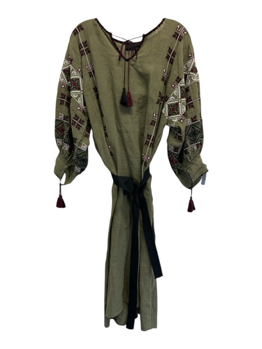 Nili Lotan Size Small Green, Red, Black Linen Long Sleeve Embroidered Dress Green, Red, Black / Small