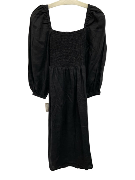 J Crew Size M Black Linen Long puff sleeve Smocked Bodice Side Slit Midi Dress Black / M