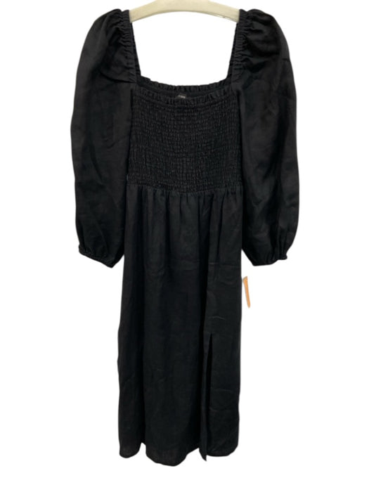 J Crew Size M Black Linen Long puff sleeve Smocked Bodice Side Slit Midi Dress Black / M