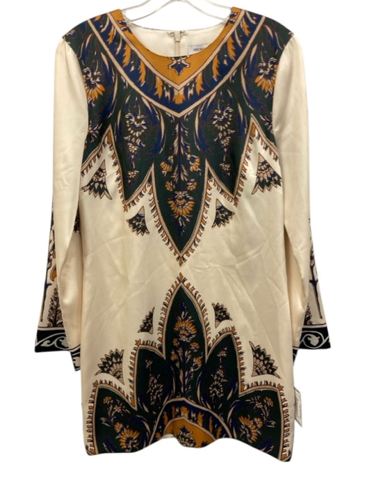 Veronica Beard Size 8 Cream, Green, Blue Polyester Satin Abstract Back Zip Dress Cream, Green, Blue / 8