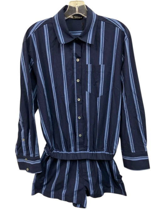 Zara Size M Blue Cotton Stripe Long Sleeve Button Down Romper Blue / M