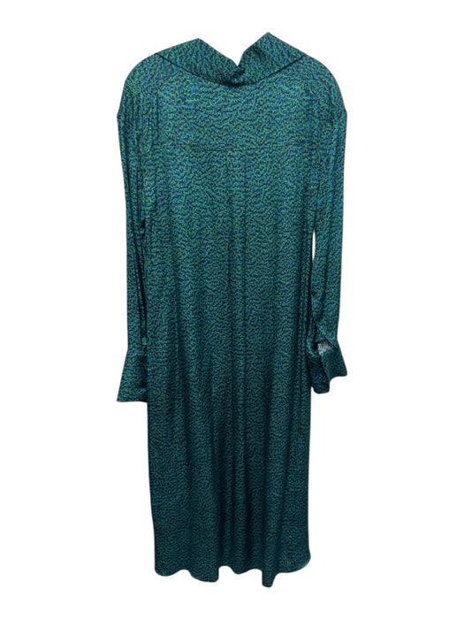 COS Size 2 Blue & Green Rayon Long Sleeve Abstract Half Button Midi Dress Blue & Green / 2