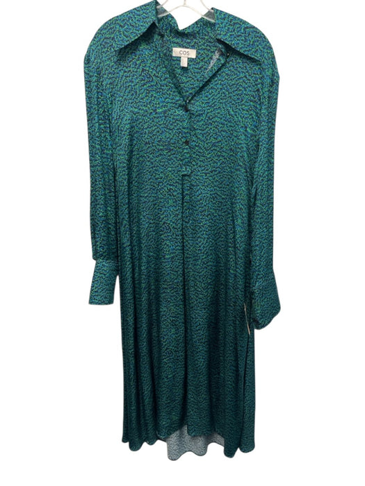 COS Size 2 Blue & Green Rayon Long Sleeve Abstract Half Button Midi Dress Blue & Green / 2