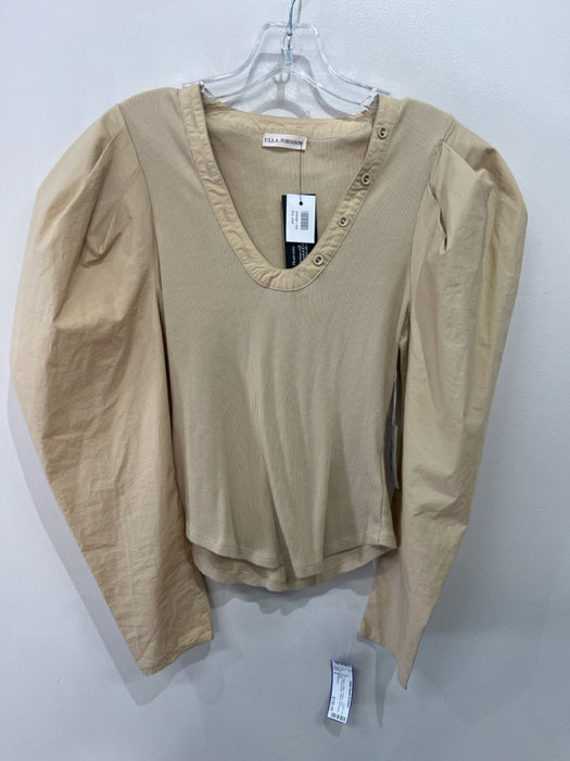 Ulla Johnson Size S Beige Cotton U Neck Long Sleeve Puff Shoulder Ribbed Top