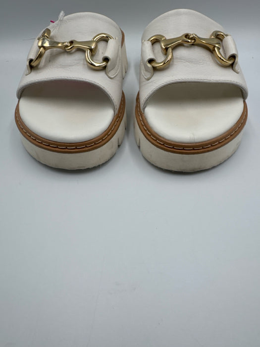 Paul Green Shoe Size 5 White & Brown Leather Slides Gold Hardware Sandals