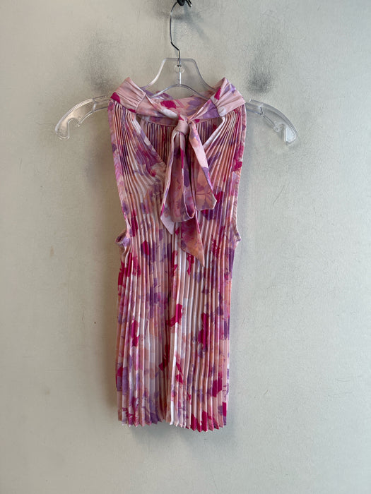 CeCe Size XS Pink & Multi Polyester Halter Sleeveless Pleated Tie Neck Top