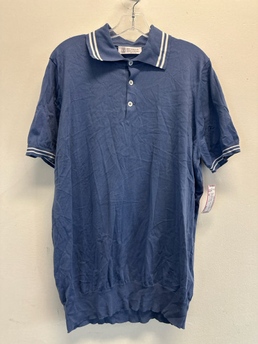 Brunello Cucinelli NWT Size 54 Blue Cotton Solid Knit Polo Men's Short Sleeve