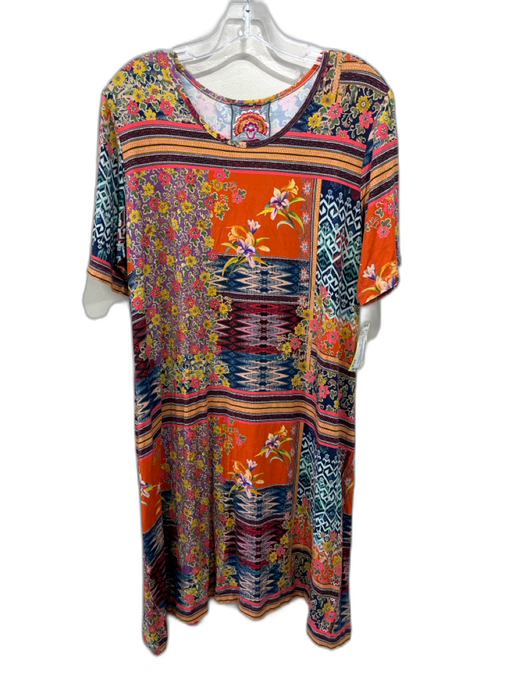 Johnny Was Size L Orange, Blue & Multi Bamboo & Spandex Short Sleeve Dress Orange, Blue & Multi / L