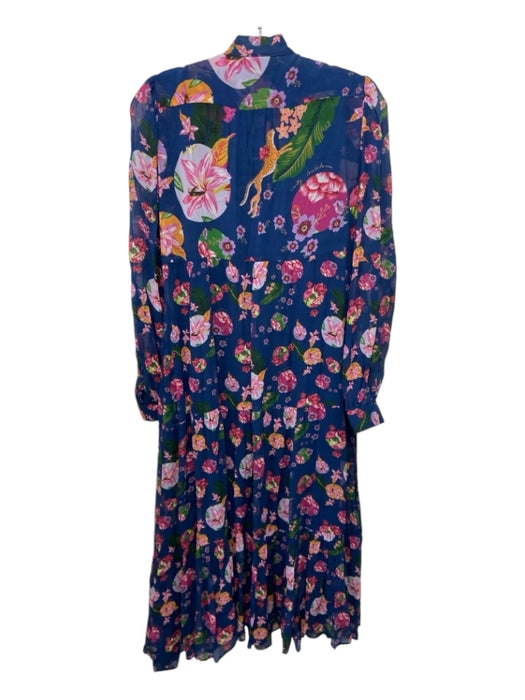 Emily Lovelock Size XS Blue & Pink Print Viscose Floral Tie Neck Sheer Dress Blue & Pink Print / XS