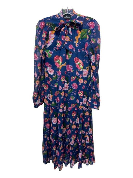 Emily Lovelock Size XS Blue & Pink Print Viscose Floral Tie Neck Sheer Dress Blue & Pink Print / XS