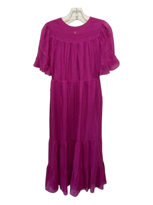Marie Oliver Size XS Fuschia Pink Silk Short Sleeve Grid Scoop Neck Tiered Dress Fuschia Pink / XS
