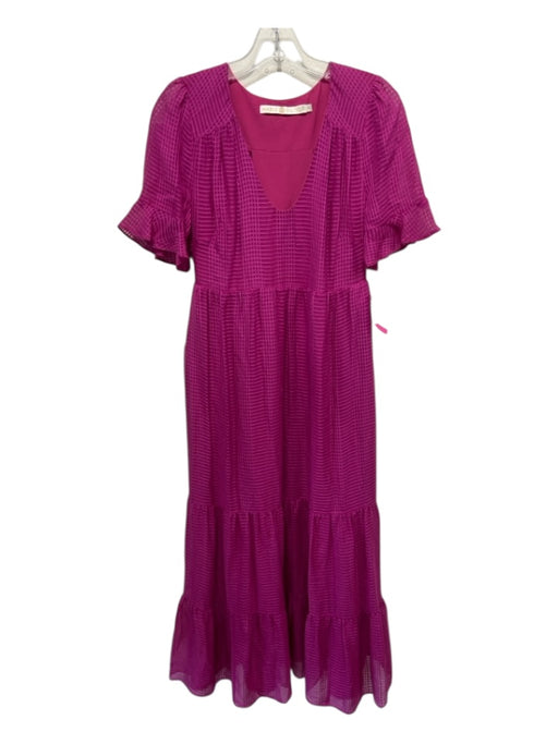 Marie Oliver Size XS Fuschia Pink Silk Short Sleeve Grid Scoop Neck Tiered Dress Fuschia Pink / XS