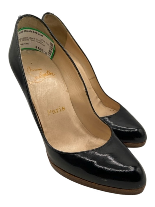 Christian Louboutin Shoe Size 37 Black Leather Almond Toe Stacked Heel Pumps Black / 37