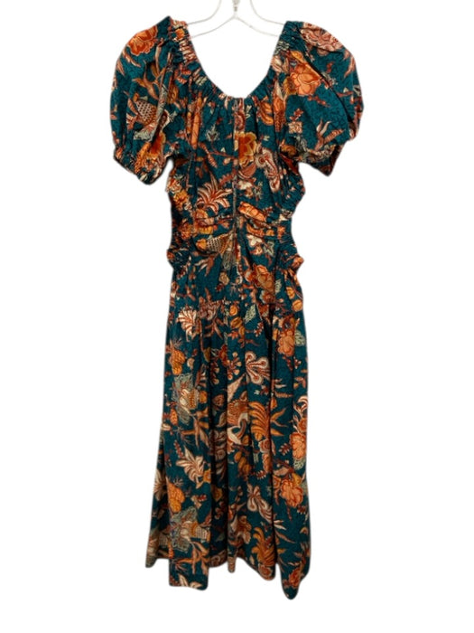 Ulla Johnson Size 2 Teal Green & Orange Cotton Floral Cut Out Waist Maxi Dress Teal Green & Orange / 2