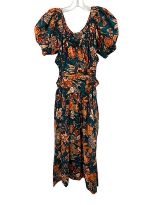 Ulla Johnson Size 2 Teal Green & Orange Cotton Floral Cut Out Waist Maxi Dress Teal Green & Orange / 2