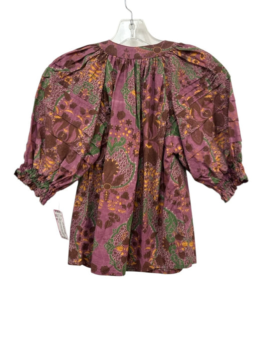 Anna Cate Size XS Purple, Brown, Green Cotton Abstract Floral Puff Sleeve Top Purple, Brown, Green / XS