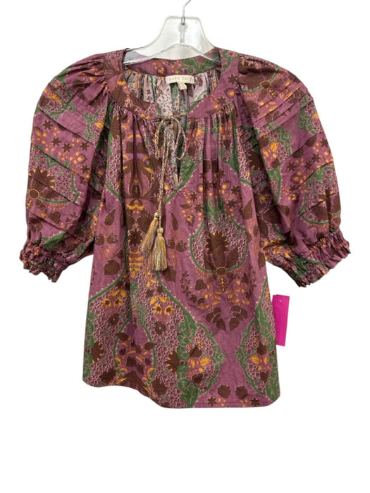 Anna Cate Size XS Purple, Brown, Green Cotton Abstract Floral Puff Sleeve Top Purple, Brown, Green / XS