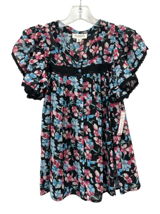 Allison Size XS Black, Pink, Blue Polyester Floral Button Down Top Black, Pink, Blue / XS