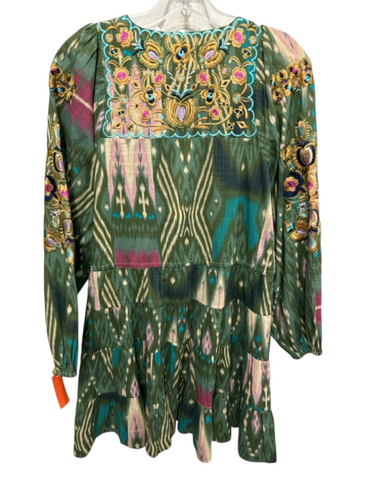 Figue Size XS Green & Multi Cotton Abstract Print Floral Embroidery Dress Green & Multi / XS