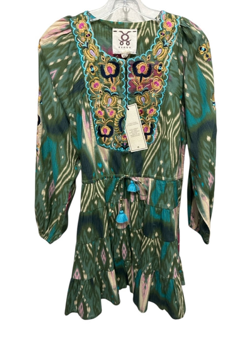Figue Size XS Green & Multi Cotton Abstract Print Floral Embroidery Dress Green & Multi / XS