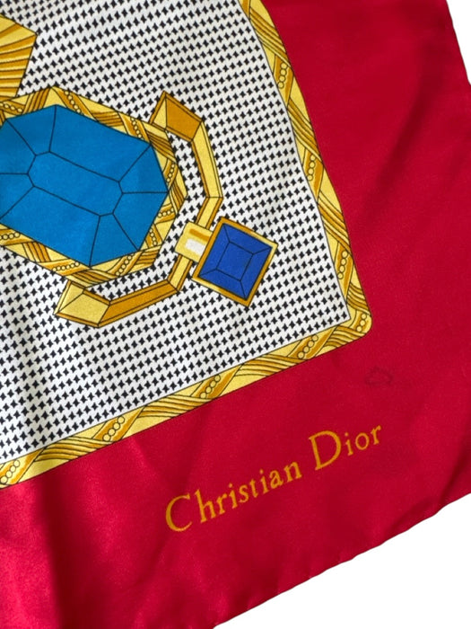 Christian Dior Red, Yellow & Black Silk Houndstooth Logo scarf Red, Yellow & Black