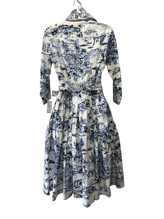 Samantha Sung Size 6 Cream White & Blue Cotton Blend 3/4 Sleeve Pleated Dress Cream White & Blue / 6