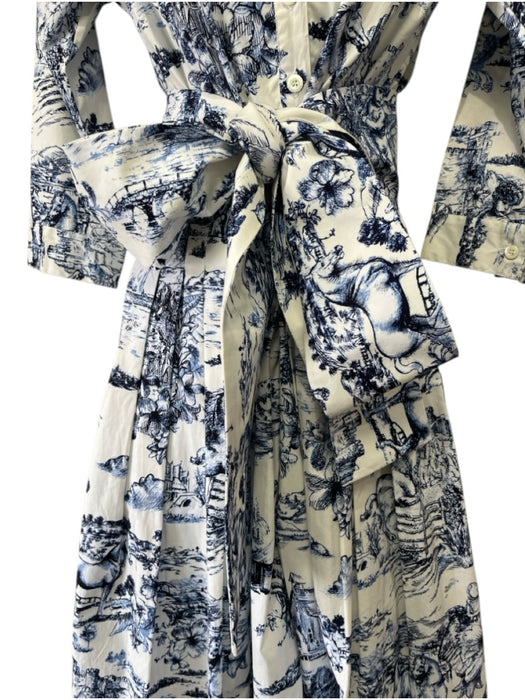 Samantha Sung Size 6 Cream White & Blue Cotton Blend 3/4 Sleeve Pleated Dress Cream White & Blue / 6
