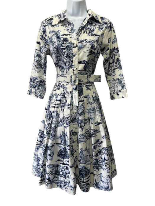 Samantha Sung Size 6 Cream White & Blue Cotton Blend 3/4 Sleeve Pleated Dress Cream White & Blue / 6