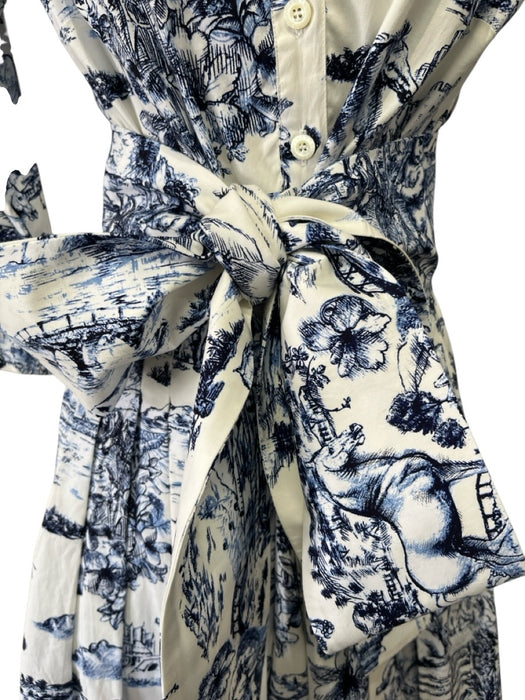 Samantha Sung Size 6 Cream White & Blue Cotton Blend 3/4 Sleeve Pleated Dress Cream White & Blue / 6