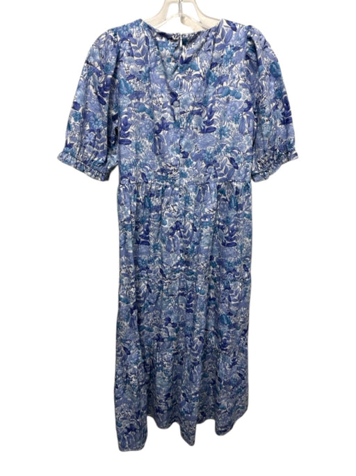 Sara Campbell Size XS White & Mixed Blues Cotton Botanical Print Back Zip Dress White & Mixed Blues / XS