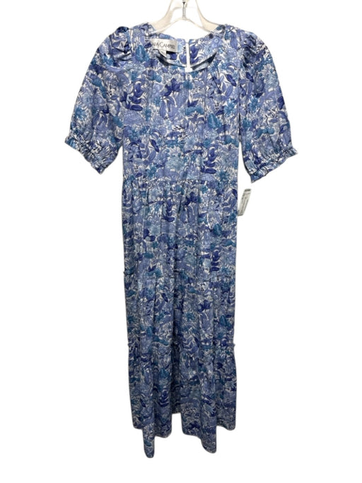 Sara Campbell Size XS White & Mixed Blues Cotton Botanical Print Back Zip Dress White & Mixed Blues / XS