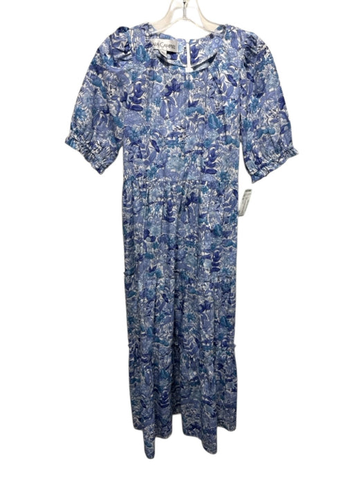 Sara Campbell Size XS White & Mixed Blues Cotton Botanical Print Back Zip Dress White & Mixed Blues / XS
