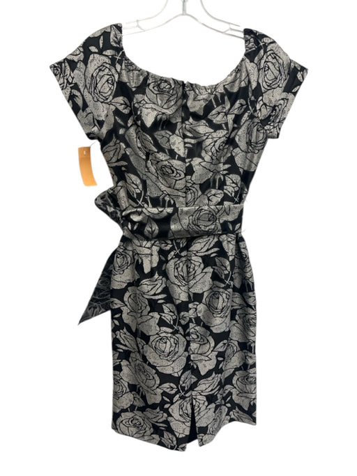 Chetta B Size 4 Black & Gray Polyester Floral Jacquard Cap Sleeve Dress Black & Gray / 4