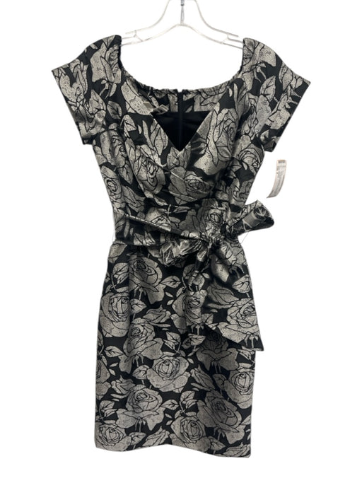 Chetta B Size 4 Black & Gray Polyester Floral Jacquard Cap Sleeve Dress Black & Gray / 4