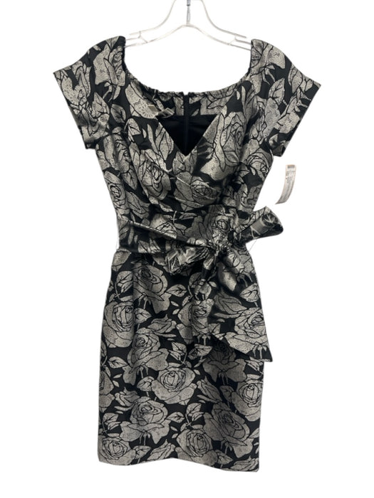 Chetta B Size 4 Black & Gray Polyester Floral Jacquard Cap Sleeve Dress Black & Gray / 4
