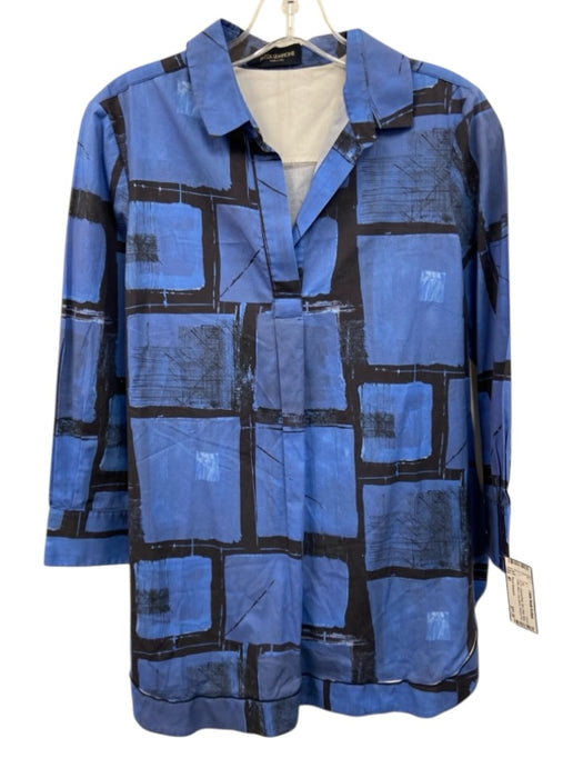 Piazza Sempione Size 40 Blue, White, Black Cotton Blend Long Sleeve Collar Top Blue, White, Black / 40