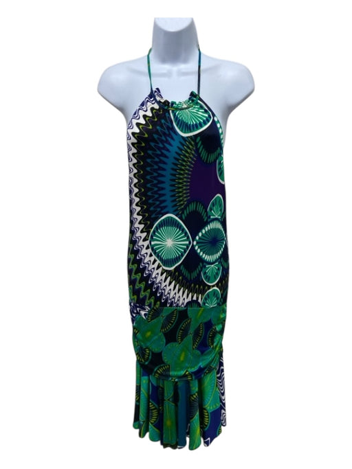 Missoni Size 8 Green, Blue, Black Viscose Abstract Halter Knee length Dress Green, Blue, Black / 8