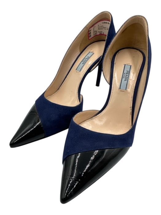 Prada Shoe Size 38.5 Blue & Black Leather Suede & Patent Pointed Toe Pumps Blue & Black / 38.5