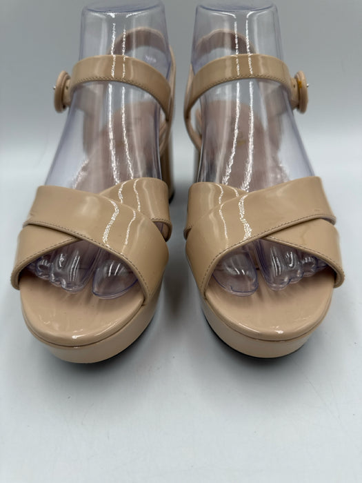 Prada Shoe Size 36.5 Beige Patent Leather Criss Cross Ankle Buckle Sandals