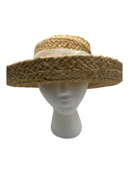 Helen Kaminski Tan & White Straw Herringbone Ribbon Braid Detailing Sun Hat Hat Tan & White / One Size