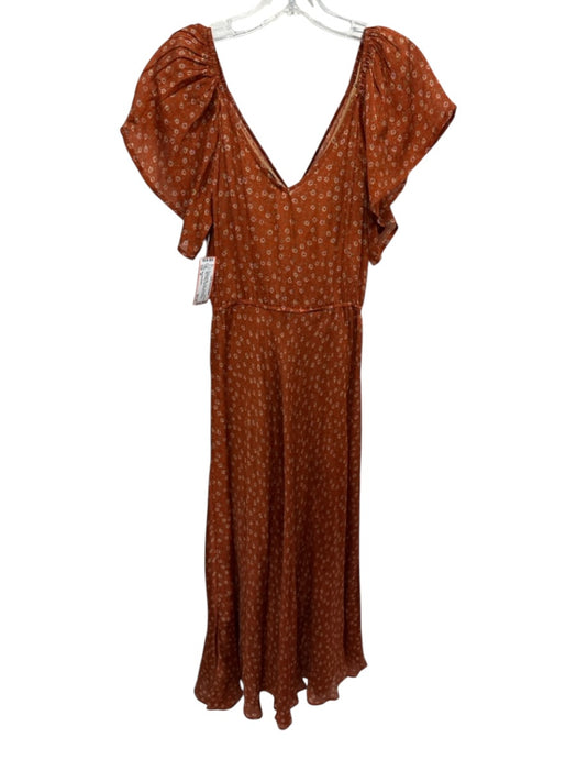 Mes Demoiselles Size 36 Orange Silk Floral Long Sleeve Maxi V Neck Dress Orange / 36