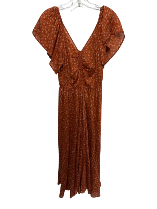 Mes Demoiselles Size 36 Orange Silk Floral Long Sleeve Maxi V Neck Dress Orange / 36