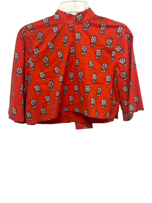 Rhode Size S Red, Navy Blue & White Cotton Floral Blocked Print 1/2 Sleeve Top Red, Navy Blue & White / S