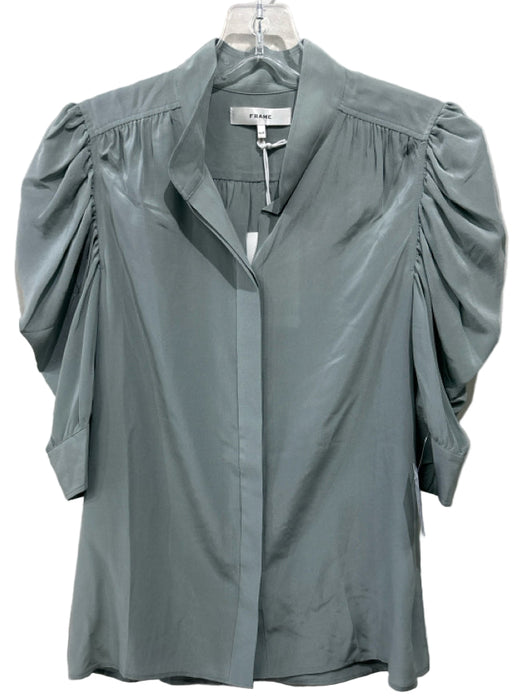 Frame Size M Sage green Silk High Neck 3/4 puff sleeve Button Top