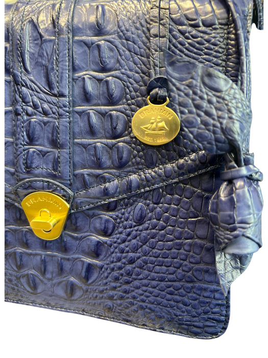 Brahmin Blue Leather Reptile Embossed Gold Hardware Lock Clasp Tassels Bag Blue
