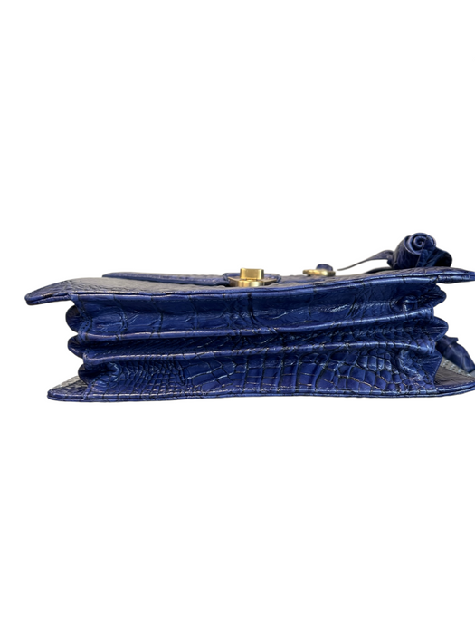 Brahmin Blue Leather Reptile Embossed Gold Hardware Lock Clasp Tassels Bag Blue